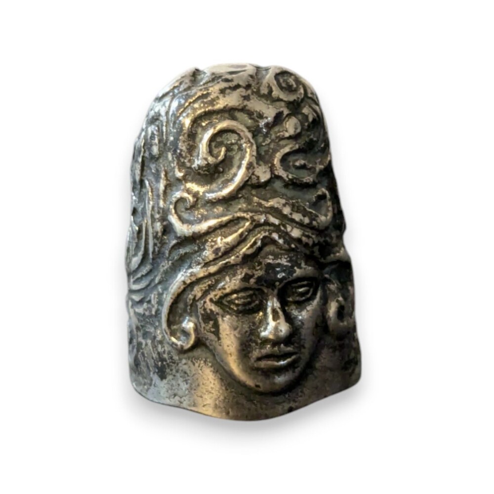 Antique Art Nouveau Medusa Woman's Head Thimble Unmarked 925 Sterling‎ Silver